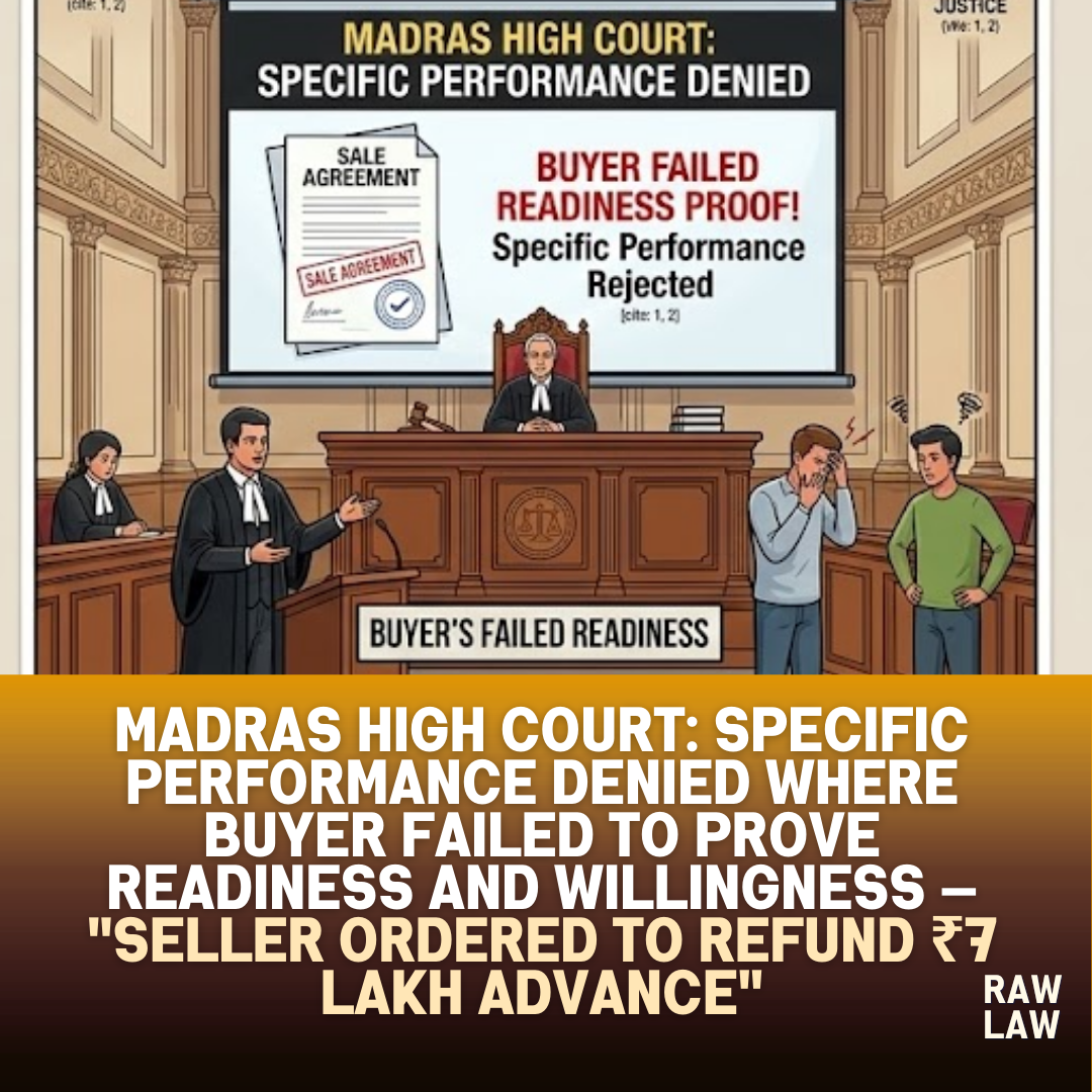 Madras High Court: Specific performance denied where buyer failed to prove readiness and willingness — "Seller ordered to refund ₹7 lakh advance" 62 specific performance