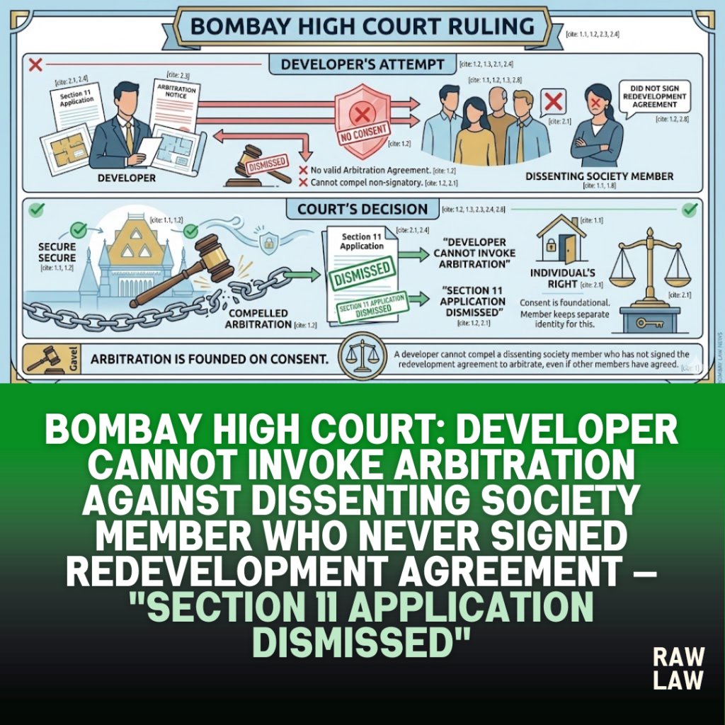 Bombay High Court: Developer cannot invoke arbitration against dissenting society member who never signed redevelopment agreement — "Section 11 application dismissed" 57 redevelopment