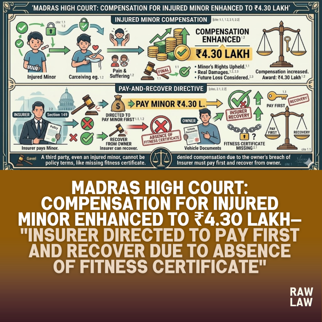 Madras High Court: Compensation for injured minor enhanced to ₹4.30 lakh— "Insurer directed to pay first and recover due to absence of fitness certificate" 56 compensation, minor
