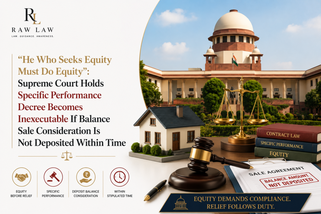 “He Who Seeks Equity Must Do Equity”: Supreme Court Holds Specific Performance Decree Becomes Inexecutable If Balance Sale Consideration Is Not Deposited Within Time