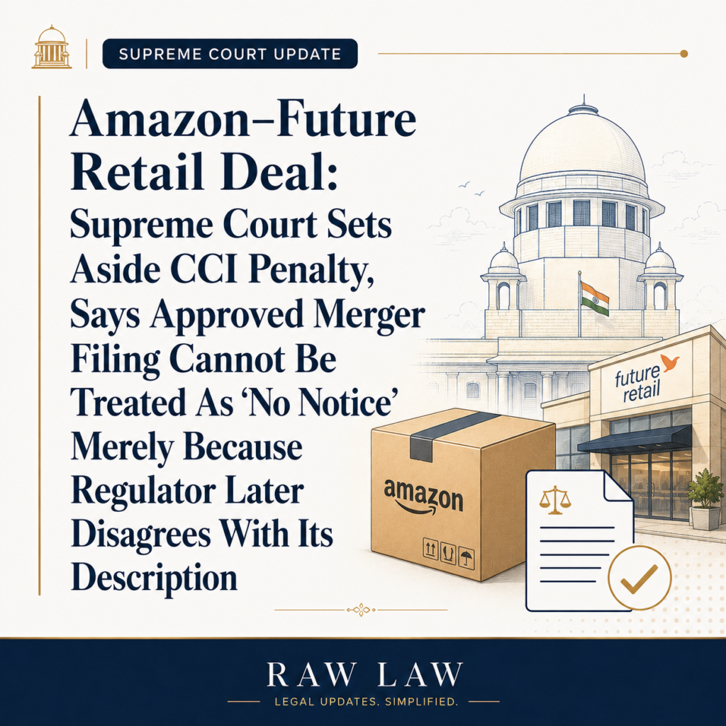 Amazon–Future Retail Deal: Supreme Court Sets Aside CCI Penalty, Says Approved Merger Filing Cannot Be Treated As “No Notice” Merely Because Regulator Later Disagrees With Its Description 51 Amazon–Future Retail Deal: Supreme Court Sets Aside CCI Penalty, Says Approved Merger Filing Cannot Be Treated As “No Notice” Merely Because Regulator Later Disagrees With Its Description