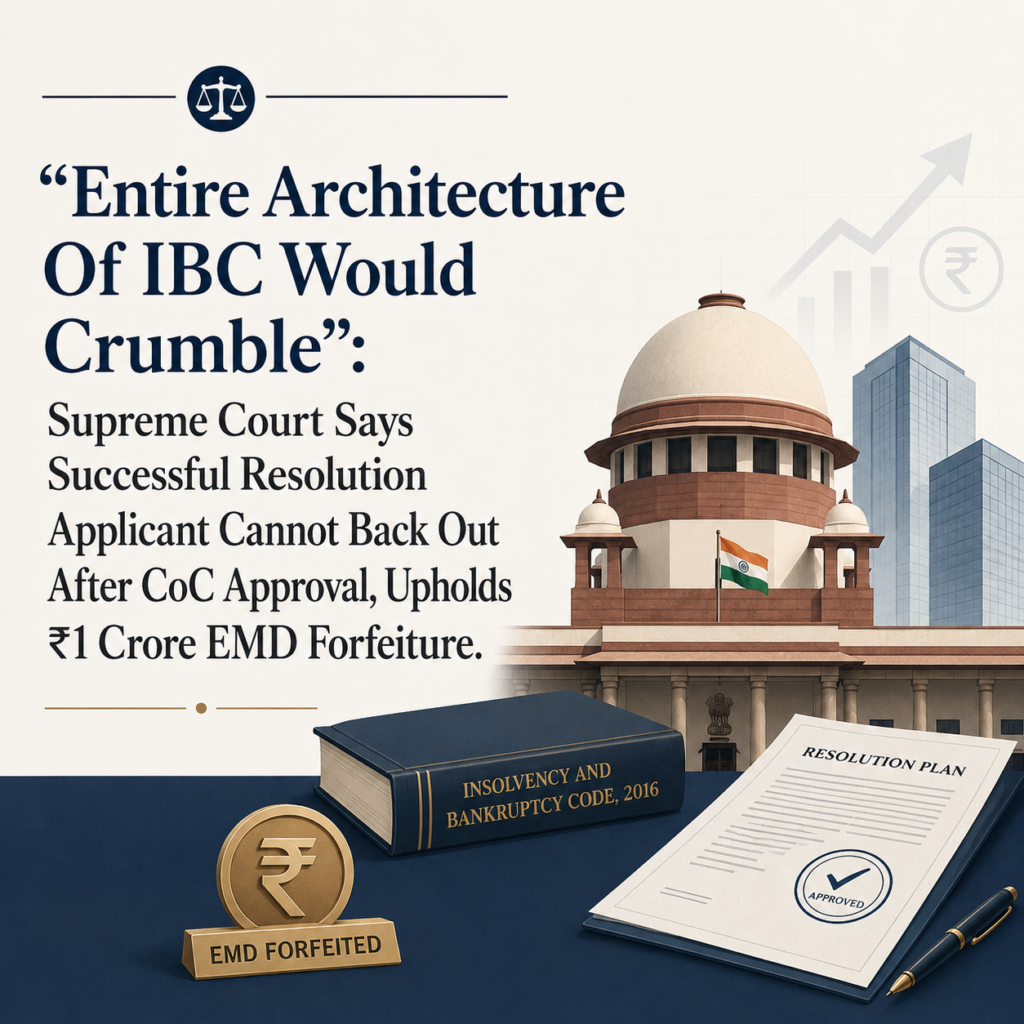 Entire Architecture Of IBC Would Crumble”: Supreme Court Says Successful Resolution Applicant Cannot Back Out After CoC Approval, Upholds ₹1 Crore EMD Forfeiture