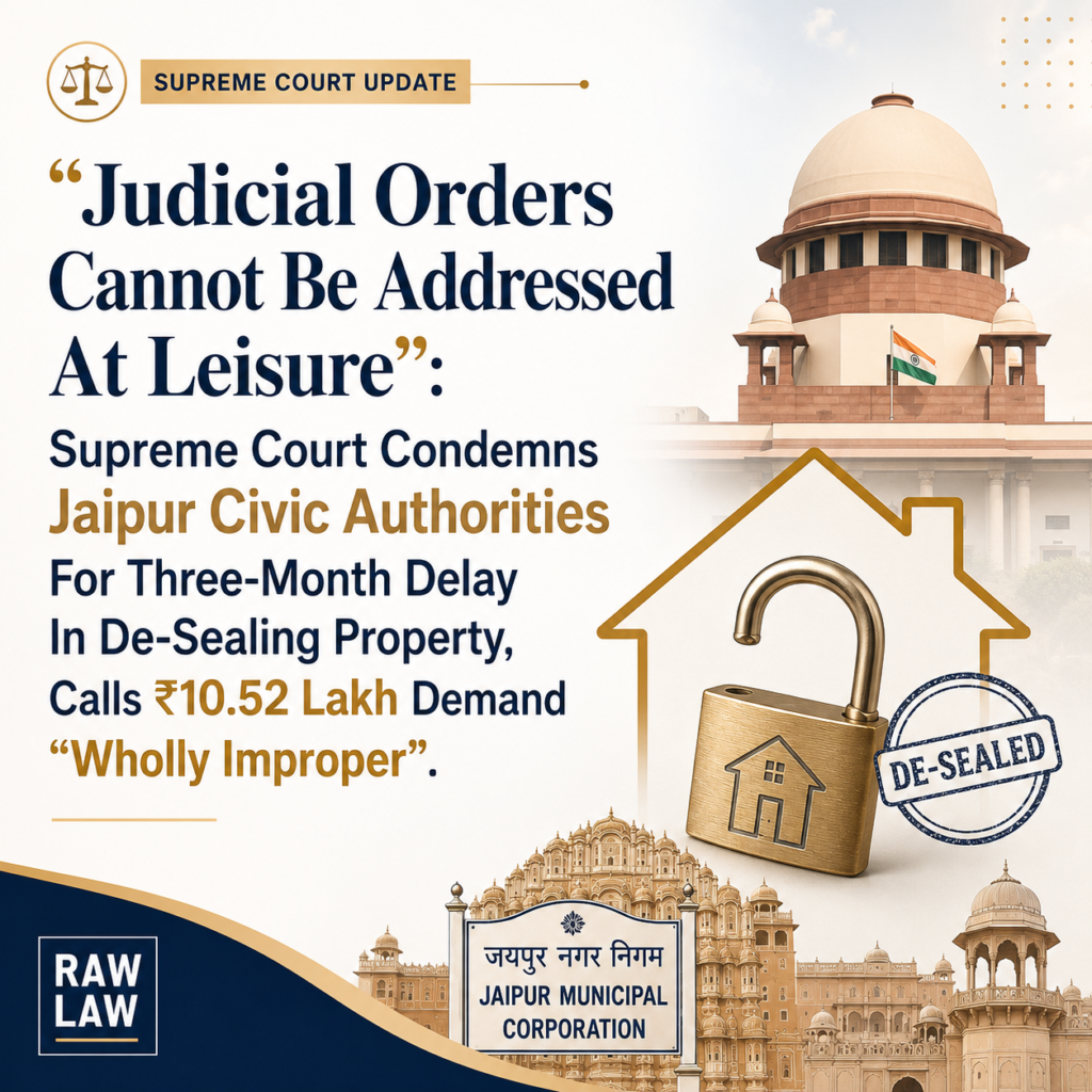 Judicial Orders Cannot Be Addressed At Leisure”: Supreme Court Condemns Jaipur Civic Authorities For Three-Month Delay In De-Sealing Property, Calls ₹10.52 Lakh Demand “Wholly Improper”