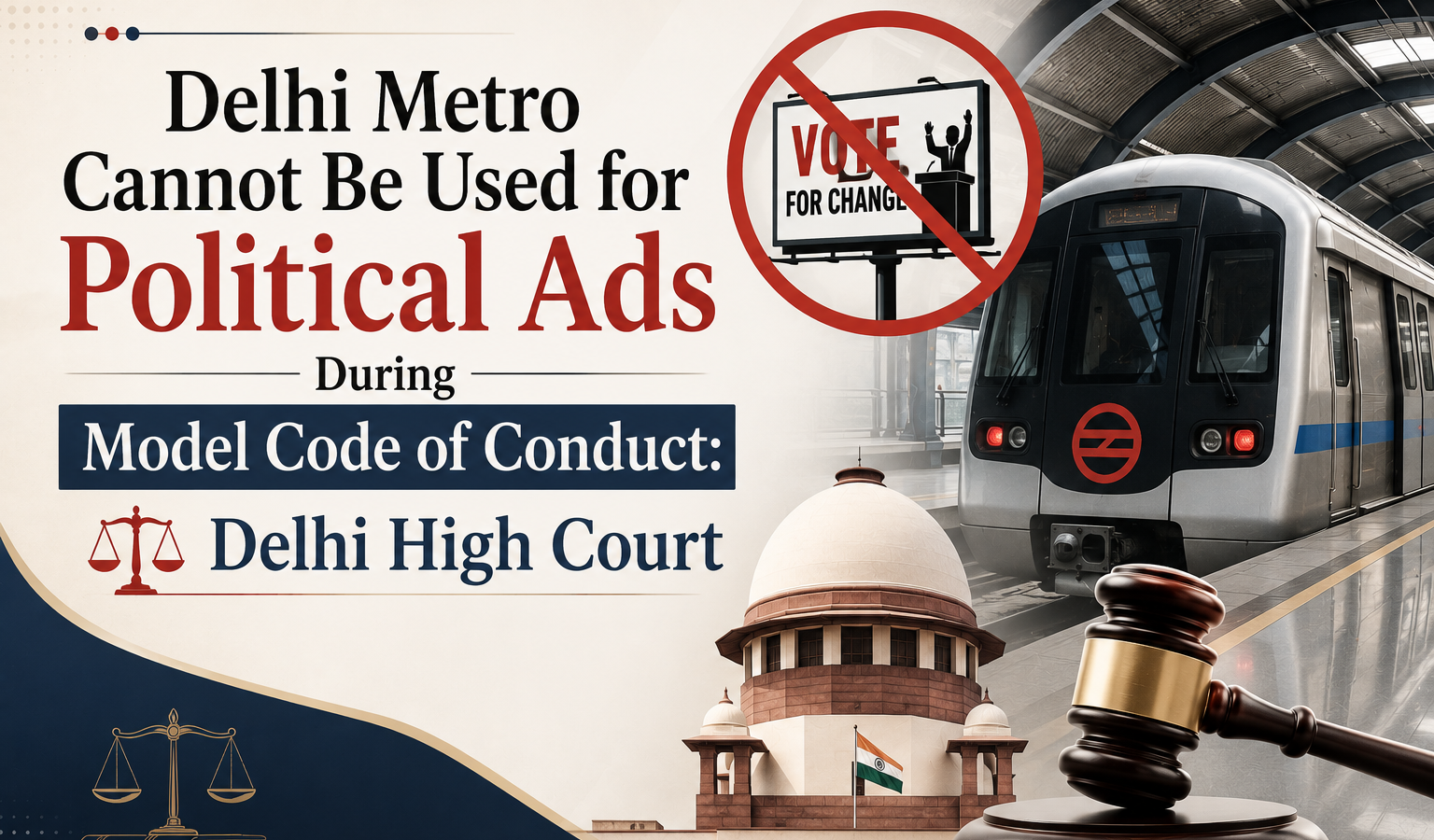 A legal news graphic explaining that the Delhi High Court ruled that political advertisements cannot be displayed in the Delhi Metro during the Model Code of Conduct.