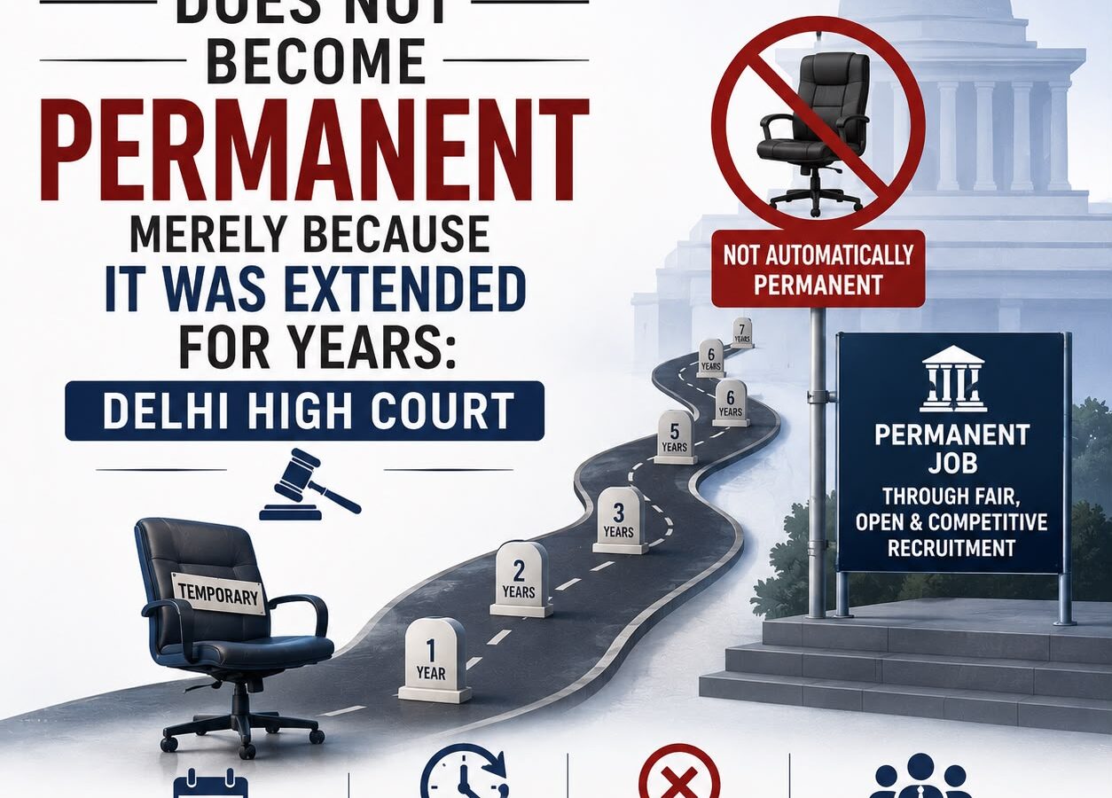 A legal news graphic explaining that the Delhi High Court ruled that seven years of service is not enough to claim regularisation under the Umadevi judgment, which generally requires at least ten years of continuous service.
