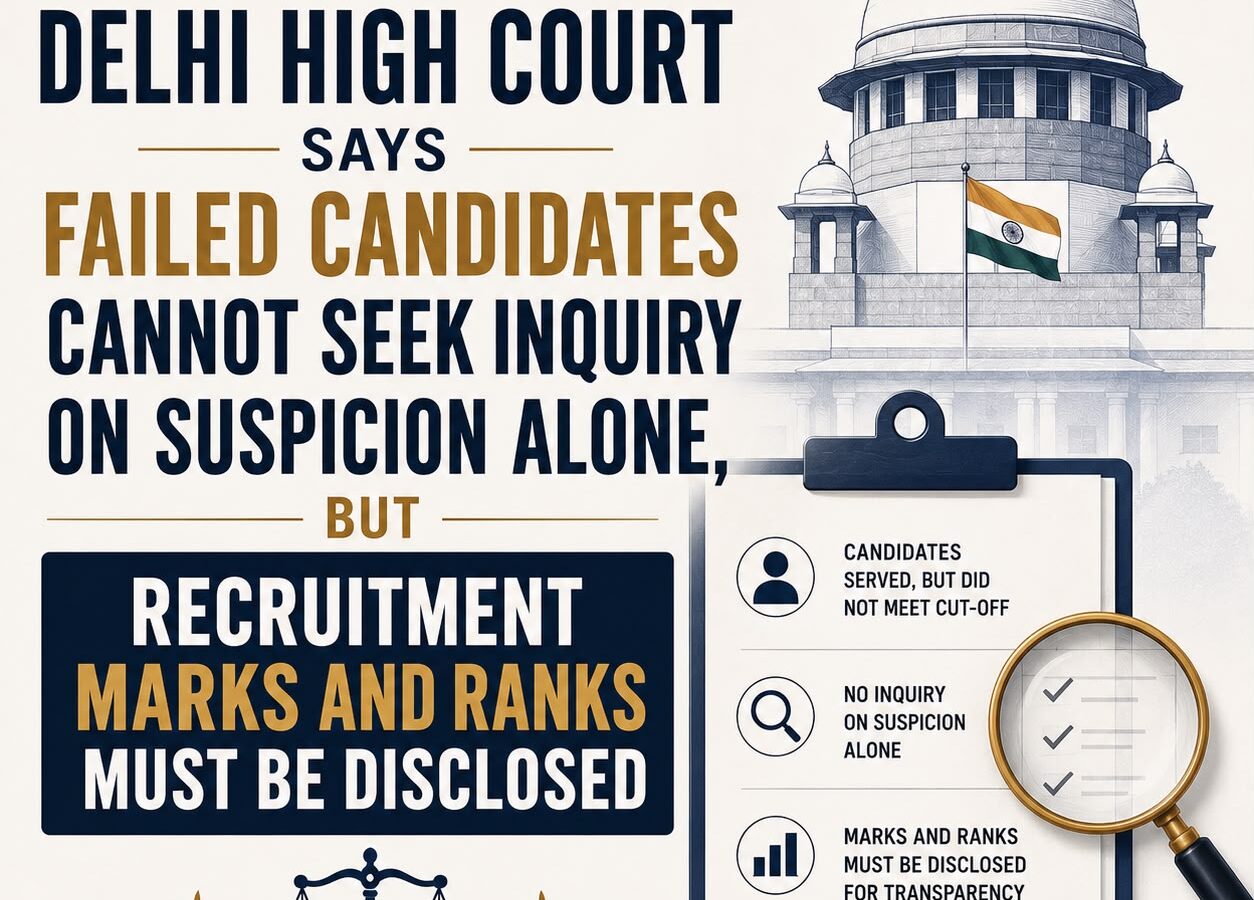 A legal news graphic explaining that the Delhi High Court directed disclosure of candidates’ marks and ranks in an SSB recruitment dispute but refused to order an inquiry into EWS certificates.