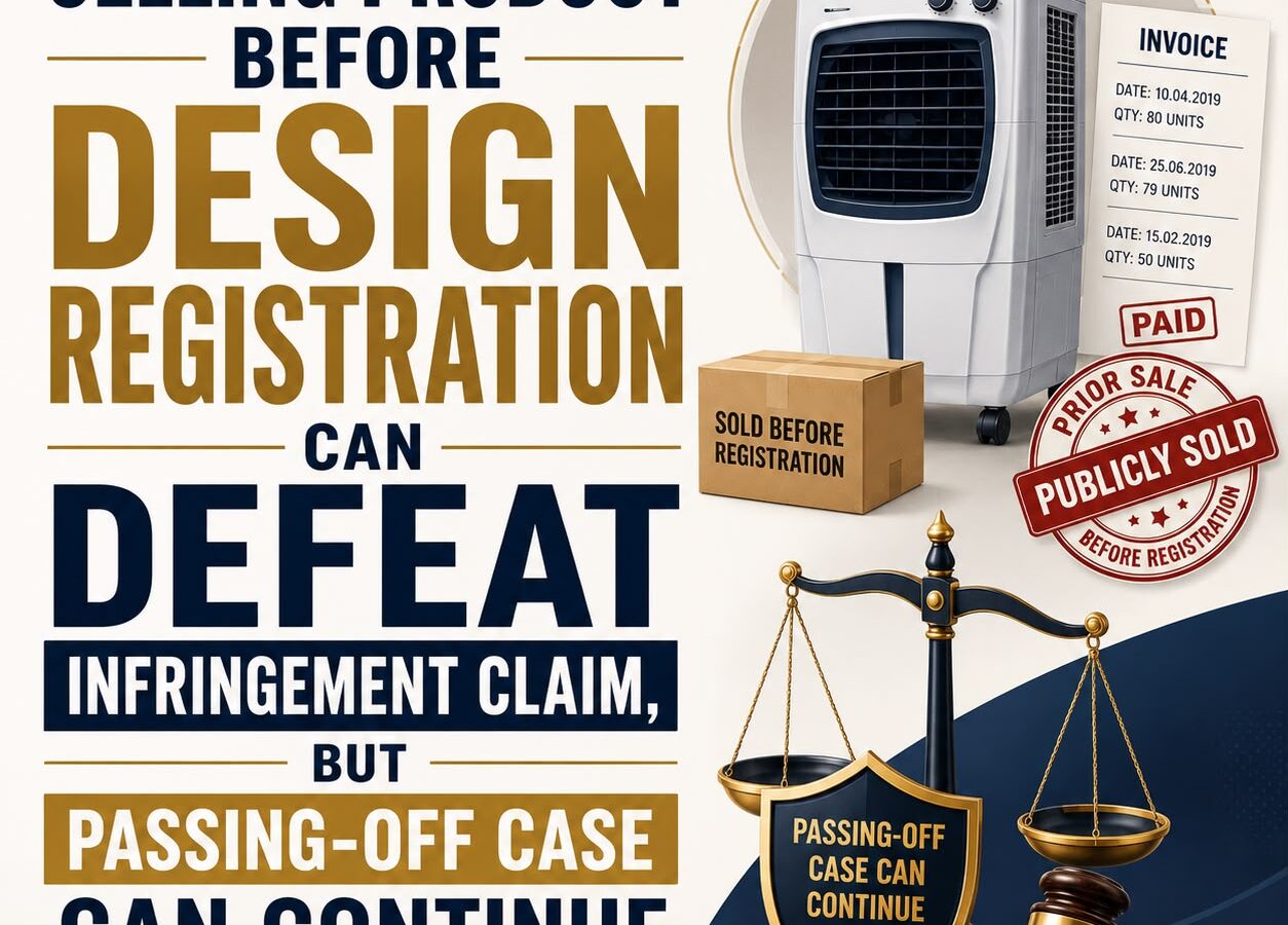 A legal news graphic explaining that an earlier published product design may not receive protection in a design infringement case, but a passing-off claim can still continue if the similar appearance may confuse customers.