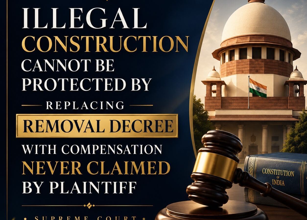 A legal news graphic explaining that the Supreme Court ruled that an illegal construction cannot be protected by replacing an order for its removal with compensation that the affected person never asked for or accepted.