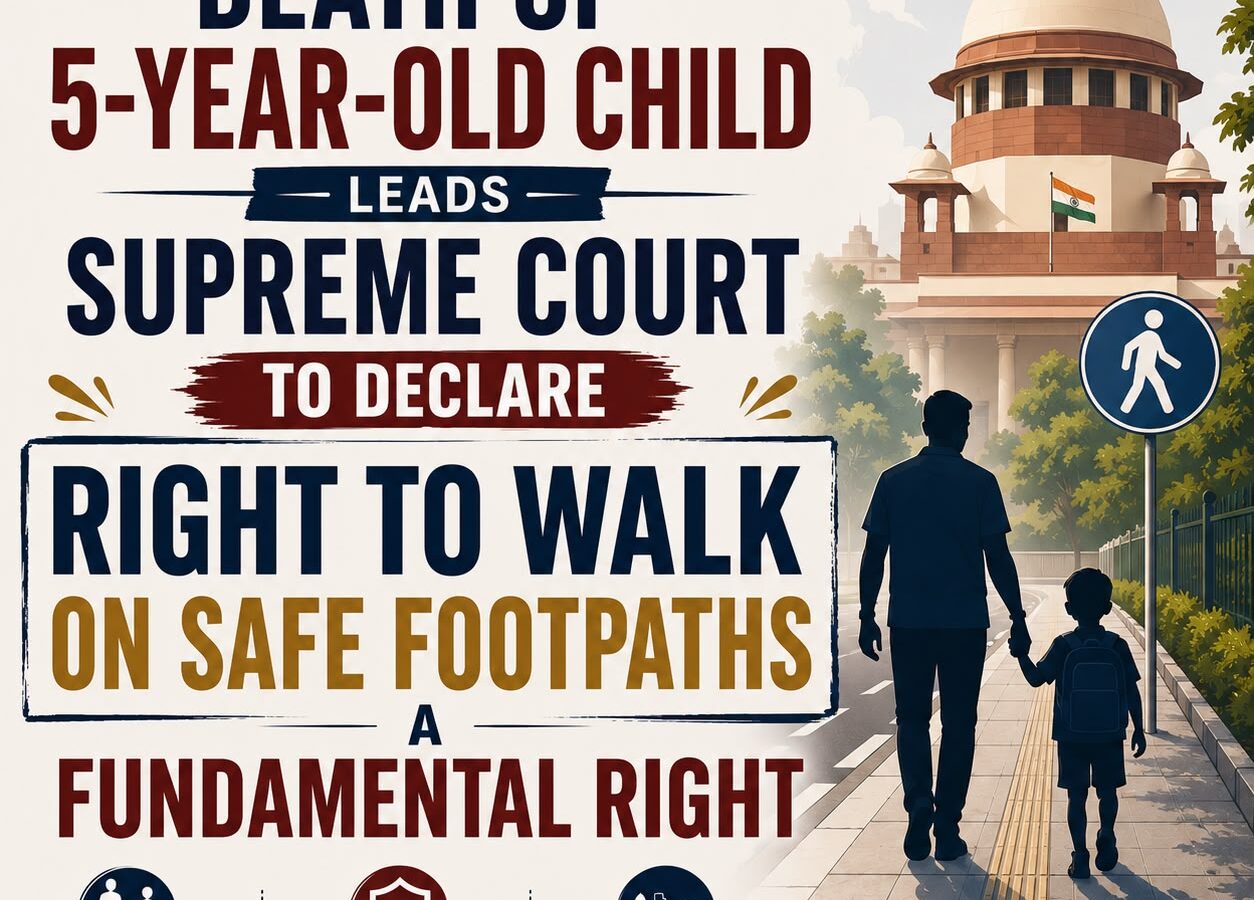 A legal news graphic explaining that after the death of a five-year-old child in a road accident, the Supreme Court declared that pedestrians have a fundamental right to walk safely on footpaths.