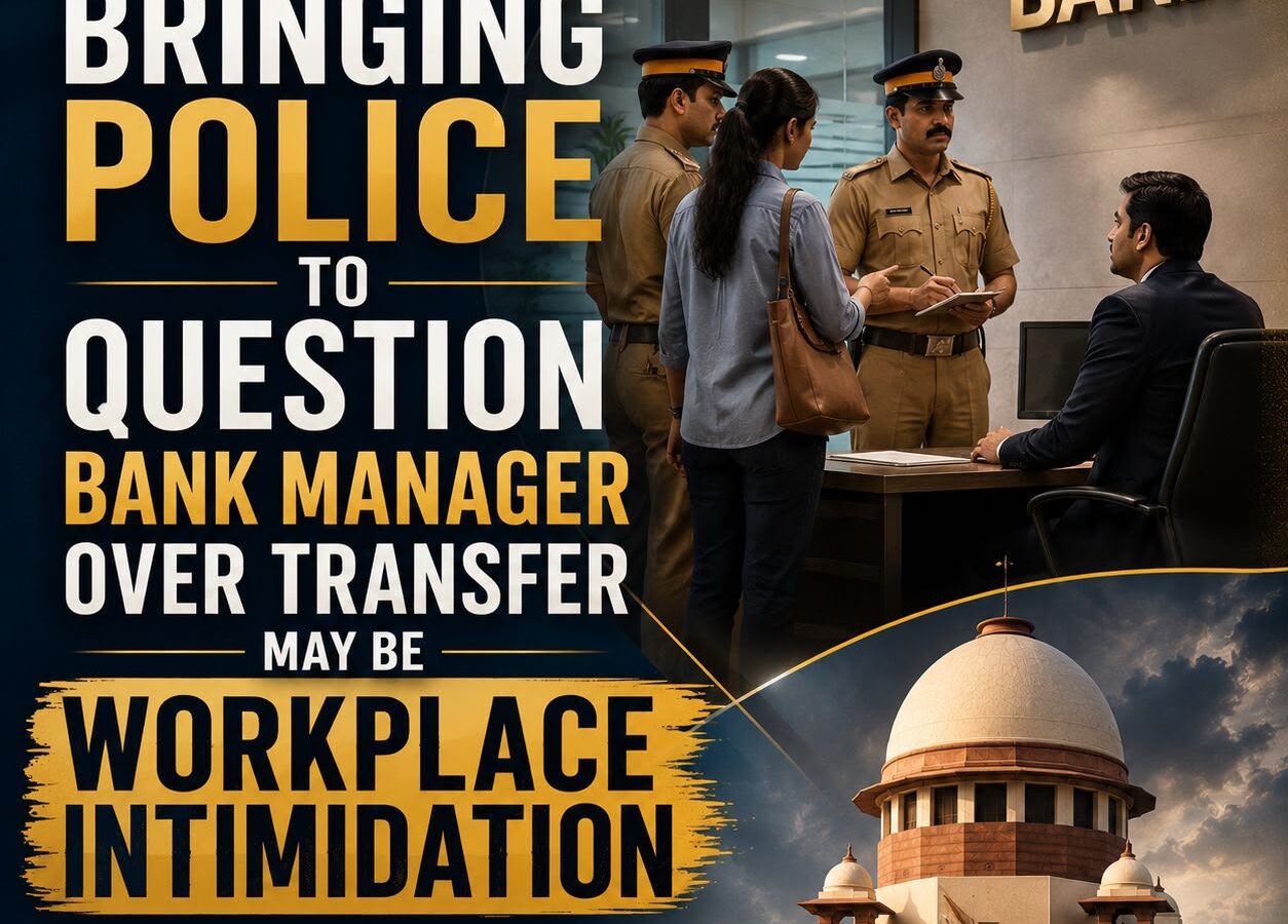 A legal news graphic explaining that the Bombay High Court ruled that bringing police officers to question a bank manager over a routine employee transfer can amount to workplace misconduct, while the Labour Court must still decide whether dismissal was too harsh.
