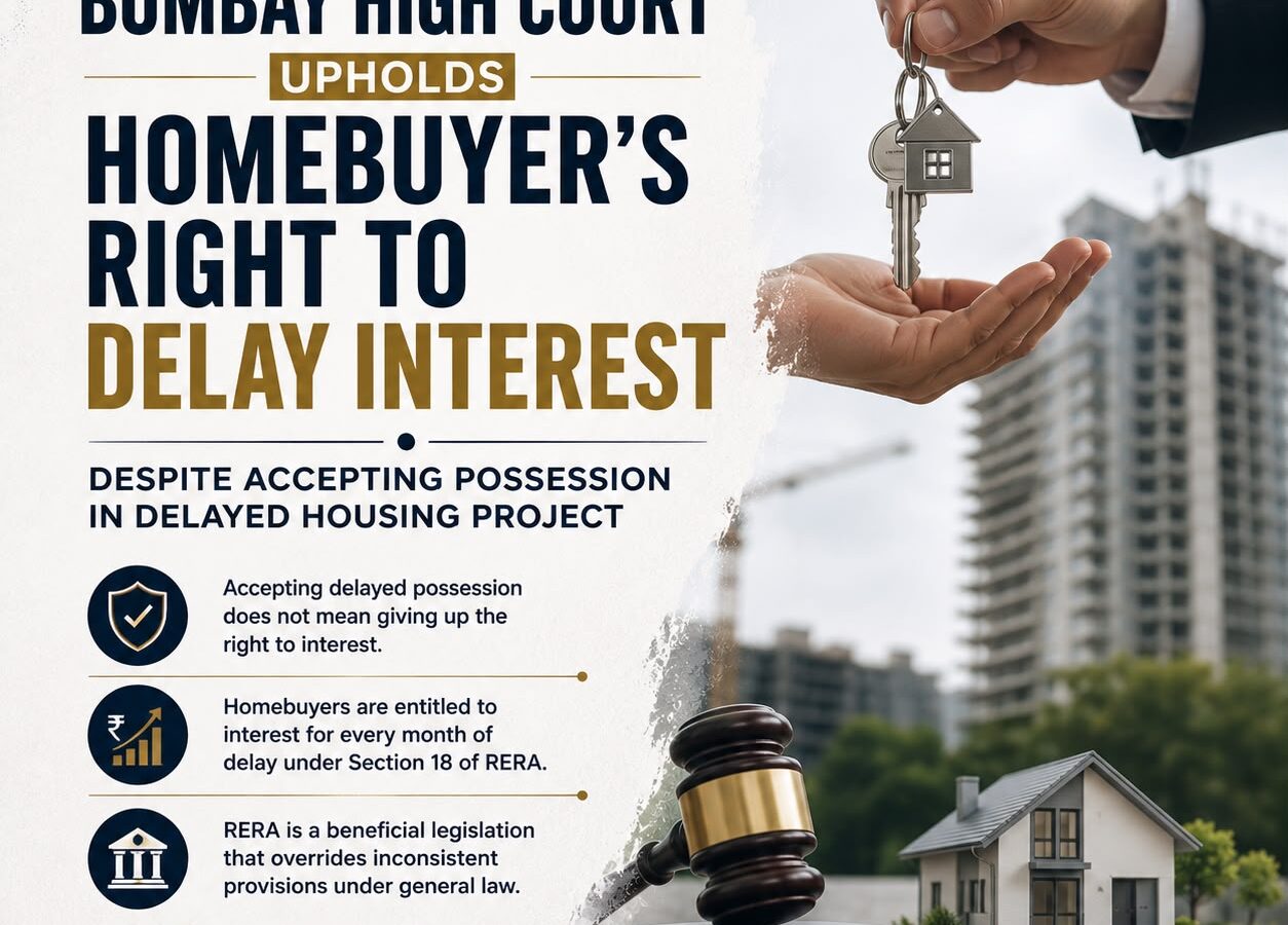 A legal news graphic explaining that a homebuyer who accepts possession of a delayed flat can still claim interest from the developer under RERA for the period of delay.