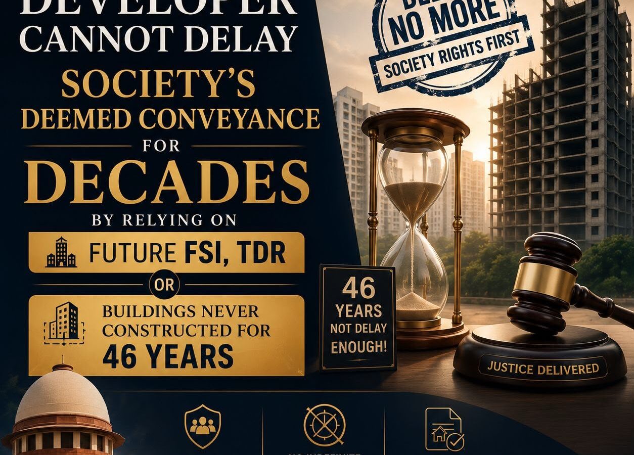 A legal news graphic explaining that a developer cannot keep delaying the transfer of land to housing societies while waiting for possible future FSI or construction rights.