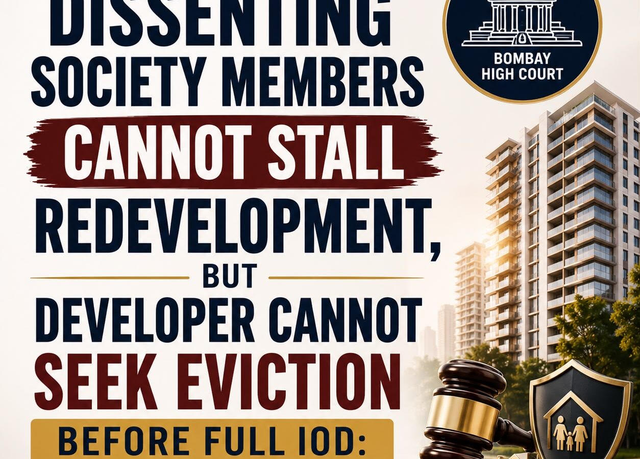 A legal news graphic explaining that members of a housing society may be bound by the society’s redevelopment decision even if they did not personally sign the redevelopment agreement, but they cannot be forced to vacate before the required approvals and contractual conditions are completed.